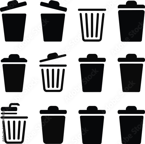 Minimalist trash can icon set, black garbage bin vector silhouettes, 12 waste basket symbols for interface design and digital cleanup