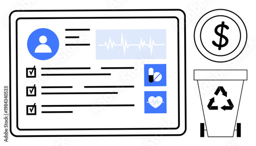 Personal data privacy, digital health records, medical costs, data recycling, cybersecurity, healthcare information management. A digital health interface with icons for recycling and monetary cost