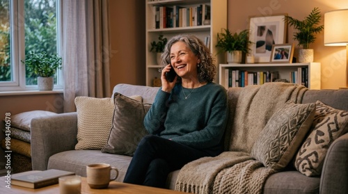 A happy mature woman engaged in a phone call on the sofa in her living room, relaxed posture, soft décor and warm ambient light, cheerful home comfort, ultra-realistic, no logos.