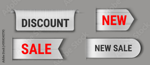 Sale and discount fabric labels set isolated on background. Vector realistic illustration of clothing tags for shop price offer, white ribbons with low price promo text, shopping banner design
