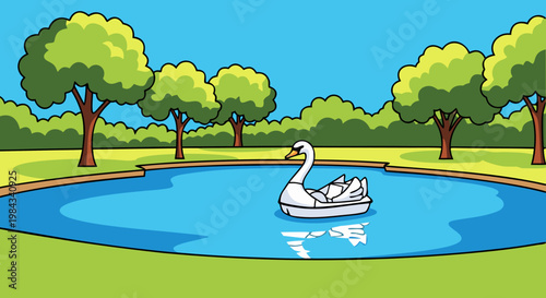 Serene Swan Boat Ride on a Calm Pond Surrounded by Lush Greenery and Trees