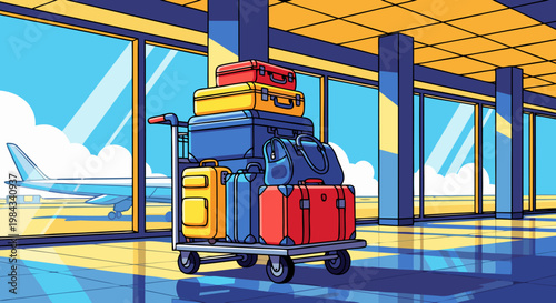 Luggage piled high on a cart at an airport terminal, ready for travel and vacation