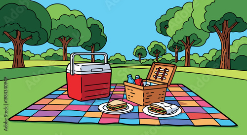 A refreshing picnic scene with a cooler, basket, and sandwiches on a colorful blanket in a park