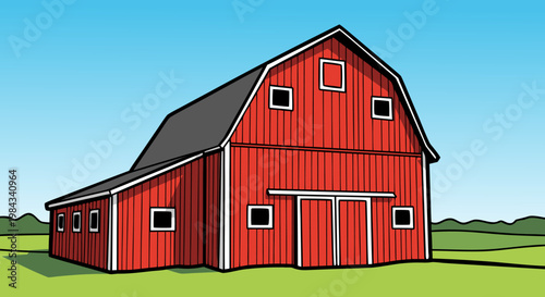 vibrant red barn nestled in a lush green countryside under a clear blue sky