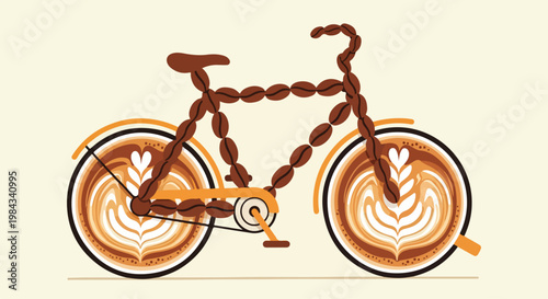 Coffee-themed bicycle, wheels from latte art cups, frame made of coffee beans, warm tones, modern flat design