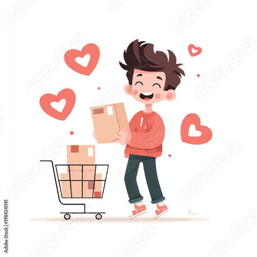 Happy Young Man Receiving Delivery Package With Shopping Cart Illustration