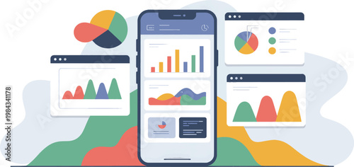 Smartphone displays complex data analytics and financial charts to provide a comprehensive overview of business performance metrics for modern corporate decision makers and analysts.