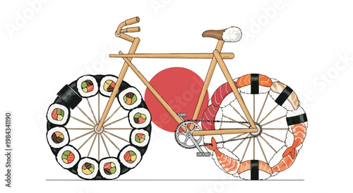 Sushi bicycle concept, wheels made from sushi rolls, frame from chopsticks, minimal Japanese aesthetic, flat vector, clean lines