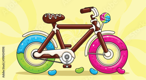 Candy bicycle with gummy wheels and chocolate frame, vibrant neon colors, playful vector illustration, kids-friendly design