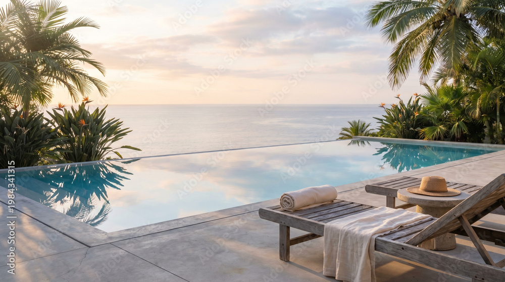 Fototapeta premium Serene swimming pool area with wooden sun lounger, straw hat and towel, peaceful morning atmosphere.