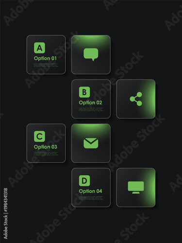 Dark frosted glass with green backlighting vector vertical layout for data visualization. Premium business infographic template with 4 step processes.
