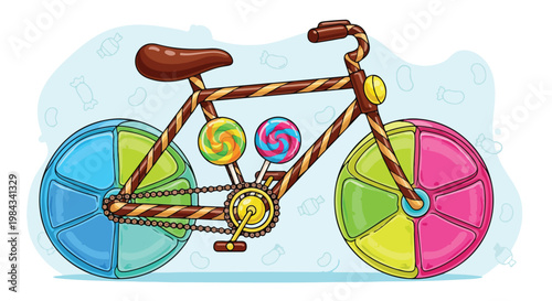 Candy bicycle with gummy wheels and chocolate frame, vibrant neon colors, playful vector illustration, kids-friendly design