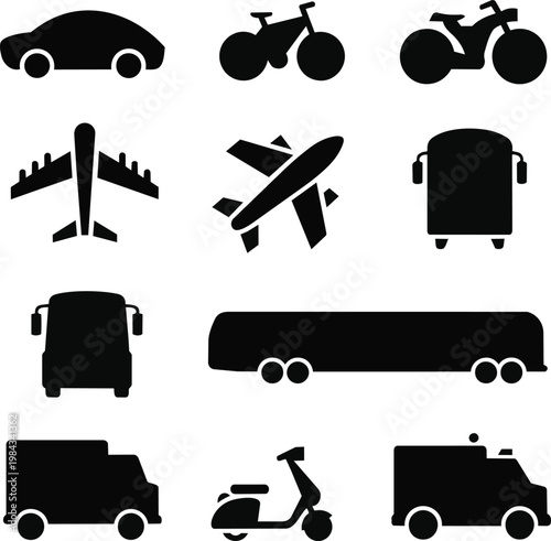 Transportation silhouette icons set, black vehicle symbols for travel and logistics, 11 vector elements including car, airplane, bus, and motorcycle