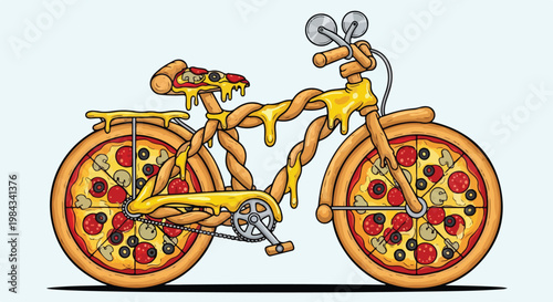 Pizza bicycle design, wheels as whole pizzas, frame made of melted cheese and crust, bold colors, cartoon vector, fun composition