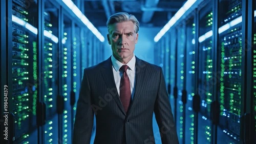 Confident businessman walking forward from the depth of a modern data center server room, surrounded by illuminated server racks, symbolizing cybersecurity, digital leadership, IT infrastructure.