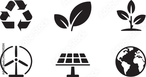 Symbols representing environmental sustainability and renewable energy sources demonstrate global commitment to ecological preservation and green technology.