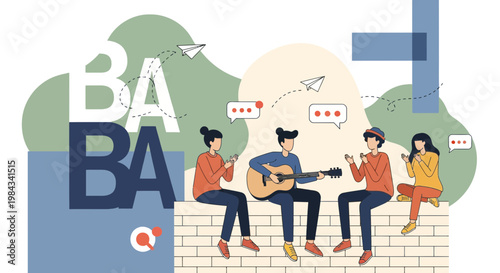 Friends enjoying an outdoor acoustic guitar music session vector