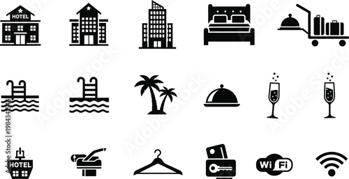 Icons representing hotel services and amenities including buildings rooms leisure facilities