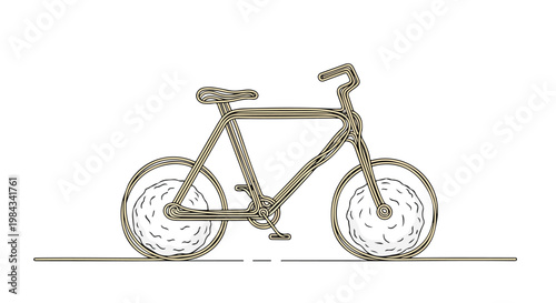 Minimalist bicycle formed from single continuous line of spaghetti, meatball wheels, clean vector line art, white background