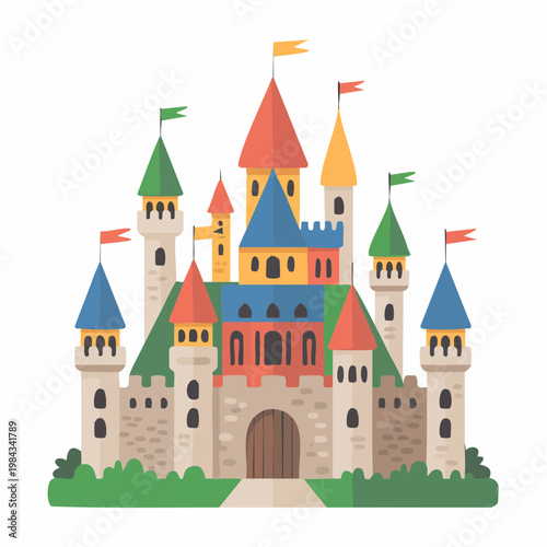 Colorful cartoon medieval fantasy castle illustration with towers and 