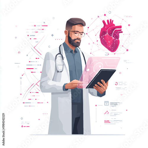 Male Doctor Analyzing Digital Human Heart Interface Using Medical Tablet