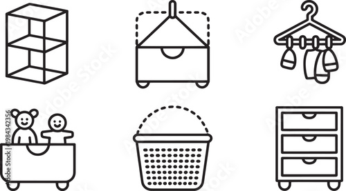Various line art icons depicting home organization and storage solutions, featuring shelves, drawers, baskets, and clothing hangers, suggesting tidiness and order.