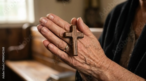 A close-up of hands gently holding a small wooden Christian cross in a prayerful gesture, soft light and intimate spiritual devotion, ultra-realistic, no logos.