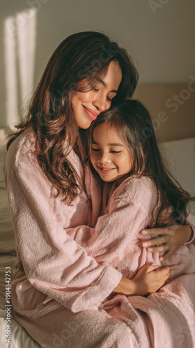 Middle Eastern mother embraces daughter in light-filled room during family time in morning