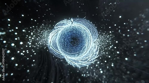 Abstract energy vortex with swirling blue light, luminous particles in deep space. Represents quantum physics, advanced technology, and energetic phenomena