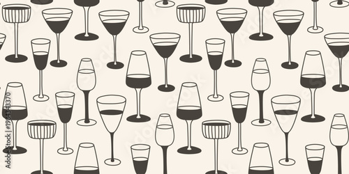 Seamless pattern with the silhouette of wine glasses. Beautiful long-stemmed glasses with drinks, black silkscreen on a beige background. Alcohol themed print, vector graphics