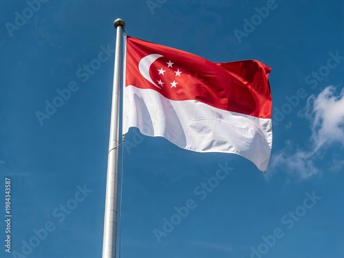 Singapore national flag flying on silver pole against clear blue sky with scattered clouds.