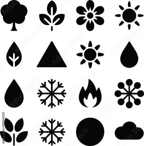 Nature and weather icon set, 16 black solid vector symbols of environment elements, minimalist eco friendly icons for web design and apps