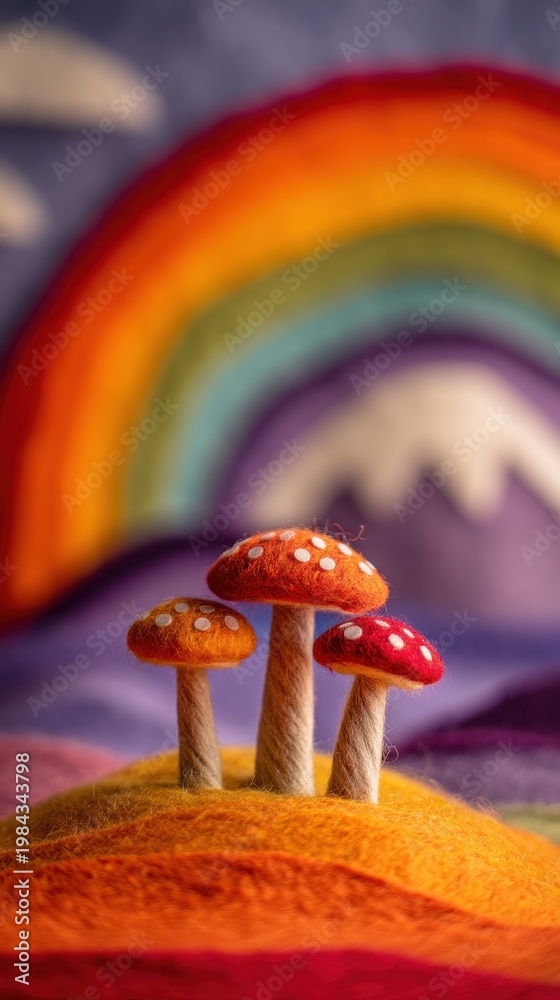 Obraz premium Three felted mushrooms stand on a woolly hill. A soft rainbow and mountain blur in the background. This creates a cozy fantasy scene. Perfect for nursery decor or craft inspiration.