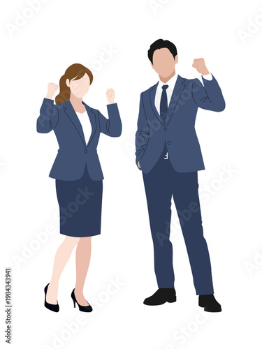 ガッツポーズをしているスーツ姿の男女のイラスト素材 ベクター ビジネス 白背景 日本 