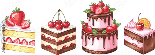 Delicious Cartoon Cake Set with Strawberry, Cherry, and Chocolate Layered Cakes for Dessert, Bakery, and Sweet Treats Illustrations