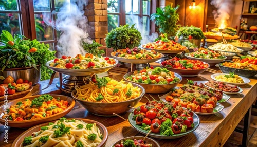 Delicious Food Buffet with Fresh Vegetables and Fruits.