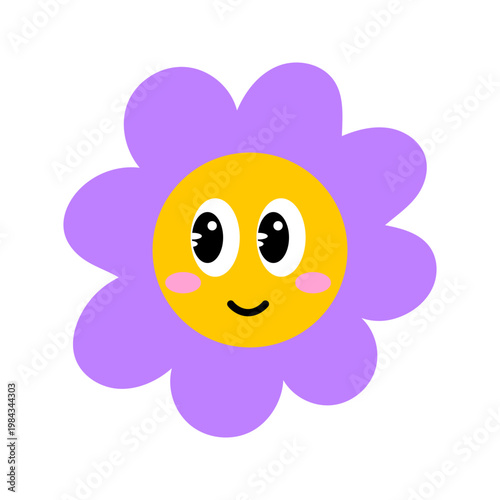 Badge fun and y2k style with emoji face and flower shape. Sticker featuring cute heart and pastel colors. Baby spring theme isolated peace sign and smile with floral.