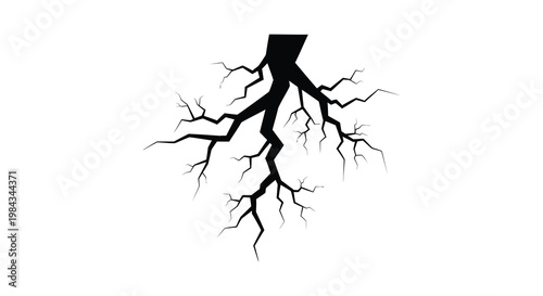 A stark black silhouette of a person emerging from a network of branching lightning like cracks in a white background silhouette