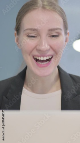 Wallpaper Mural Close Up of Businesswoman Celebrating Success on Laptop, Vertical Video Torontodigital.ca