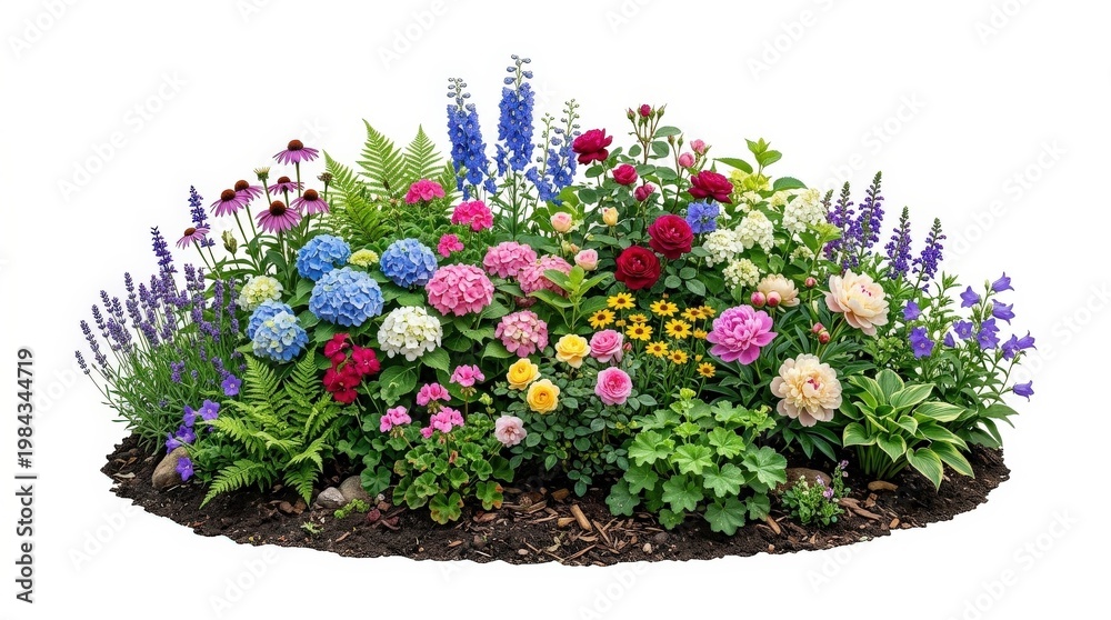 Naklejka premium A decorative flowerbed with mixed plants and blossoms, isolated on white and transparent background, balanced composition, vivid petals, layered greenery, natural textures, soft daylight, fresh garden