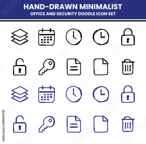 Hand-Drawn Minimalist Office and Security Doodle Icon Set - Creative Sketch Vector Symbols