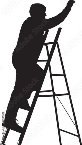 Silhouette worker climbing ladder against transparent background for home repair maintenance project