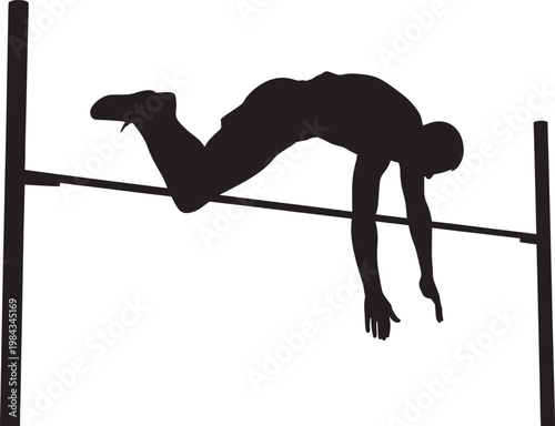 Male high jump athlete silhouette performing scissor kick technique over horizontal bar for graphics
