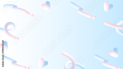 淡い水色とピンクのグラデーションで、立体チューブの手描きラインとハートを散りばめたメンフィス風フレーム背景 広告やSNS向け横長16対9