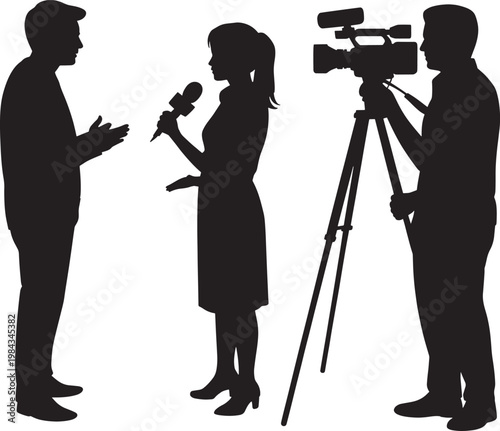 News crew interview silhouette with reporter cameraman and guest for media broadcasting illustration