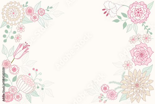 Pastel pink botanical flower frame background with soft green leaves for greeting card, wedding, spring sale banner, and mother's day invitation template.