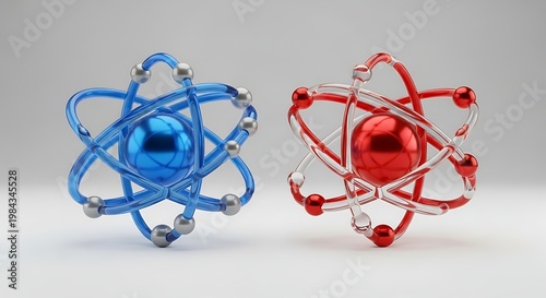 Three dimensional atomic models in blue and red representing molecular structure and scientific research on plain background