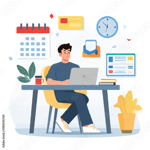Productivity Concept Man Working At Desk With Laptop And Calendar