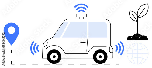 Sustainable transportation, smart cities, eco-technology, GPS tracking, future mobility, environmental awareness. Self-driving electric car with navigation and wireless signals. Sustainable
