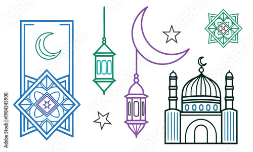 Islamic decorative elements including a mosque crescent moon stars and lanterns with intricate patterns